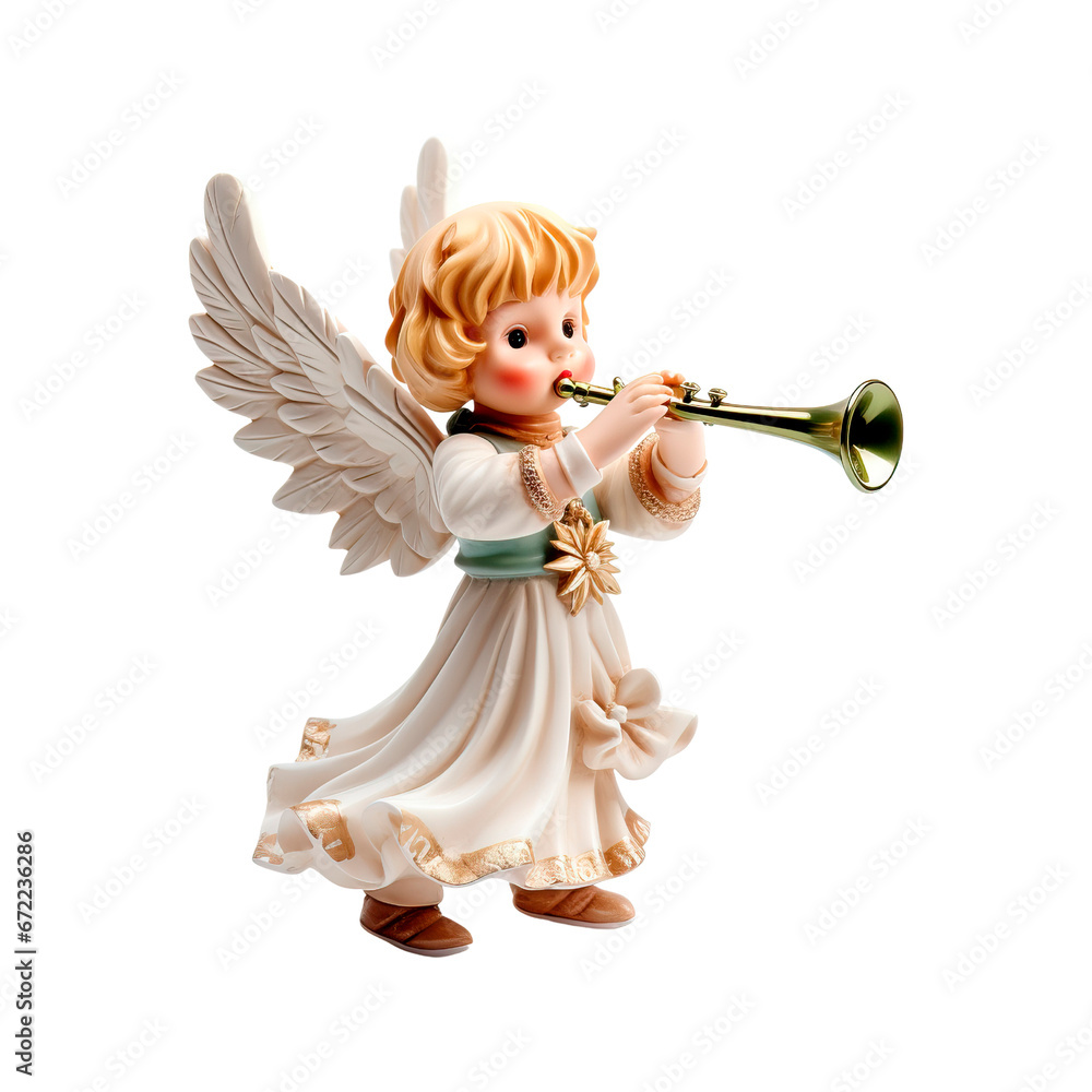 Fototapeta premium Angel Playing Trumpet Figurine. Isolated on transparent background.