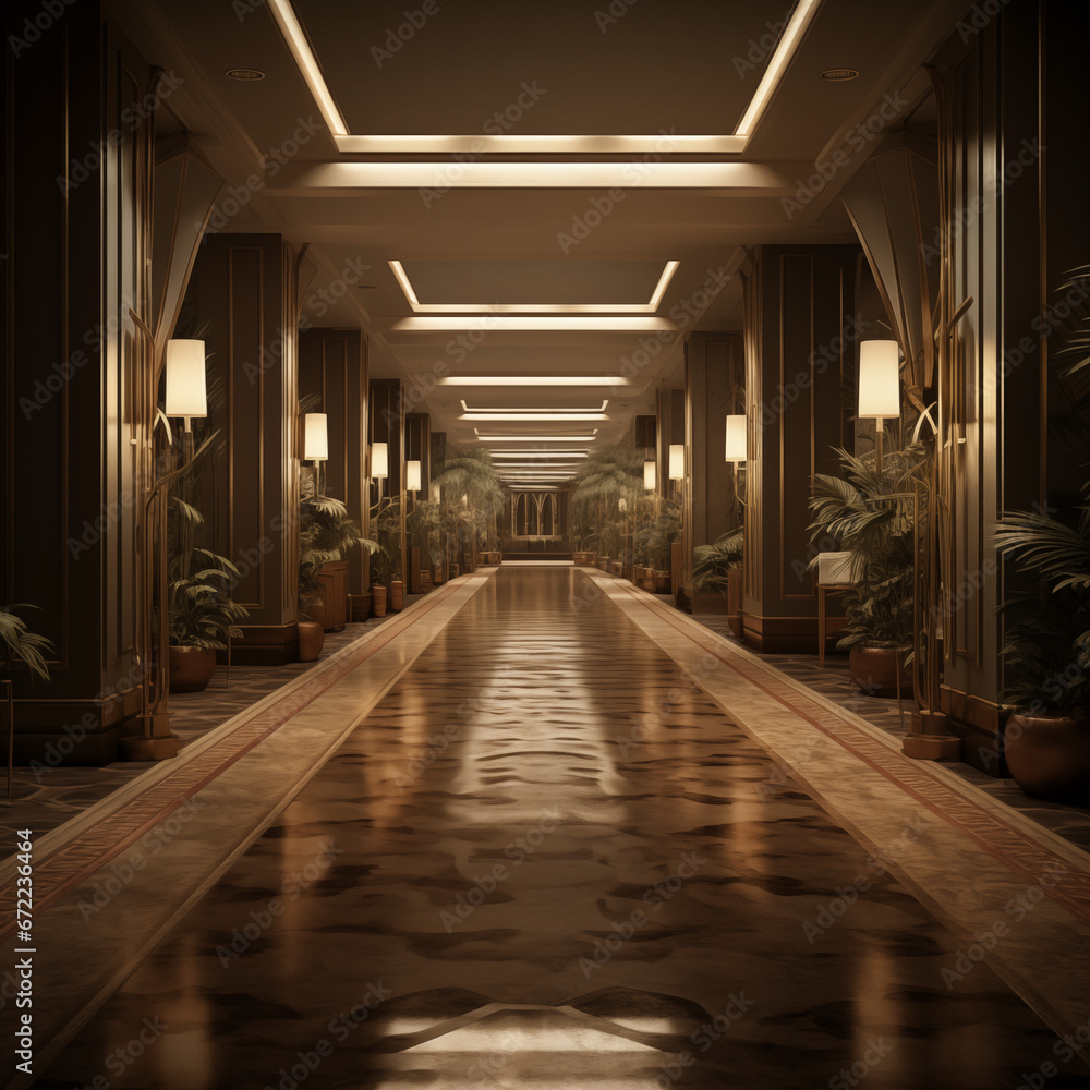 Photo shot in Detail shot, modern hotel hallway, 3d render. AI generated.