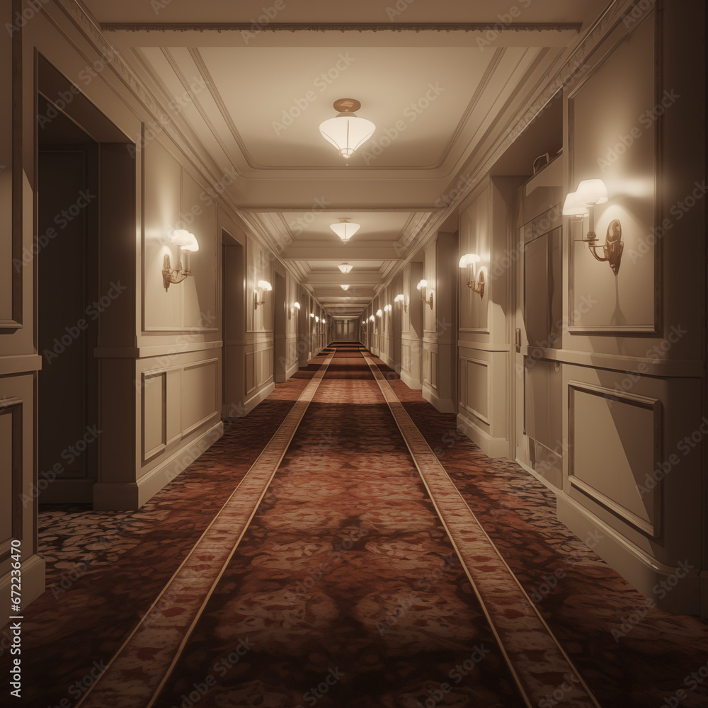 Photo shot in Detail shot, classical hotel hallway, 3d render. AI generated. - obrazy, fototapety, plakaty 