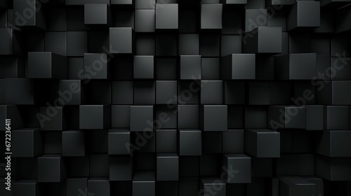 Dynamic arrangement of geometric shapes, featuring a number of black blocks, AI-generated.