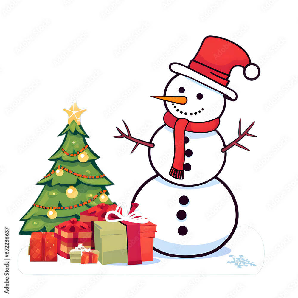 snowman with gifts and decorations. Watercolor cartoon on Christmas and New Year gift concept.