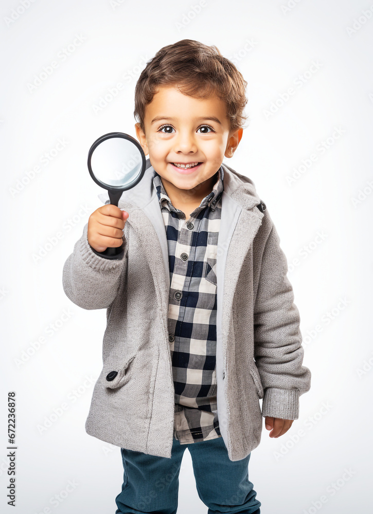 a boy holding magnifying glass, front, white background. Generative Ai. a boy holding magnifying glass, front, white background. Generative Ai.