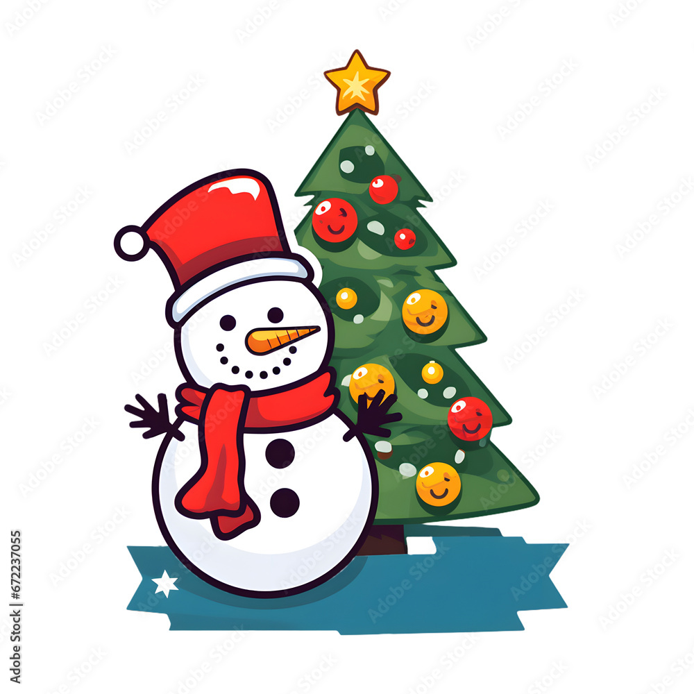 snowman with gifts and decorations. Watercolor cartoon on Christmas and New Year gift concept.