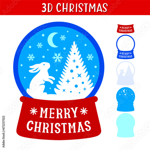 3D Christmas Snow Globe with Bunny and tree. Merry Christmas phrase. Holidays symbols. Paper or laser cut template. Vector illustration. For postcard, window and wall decorations, gift.
