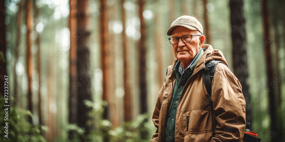 Obraz premium an old man on a walk in forest. Generative Ai.