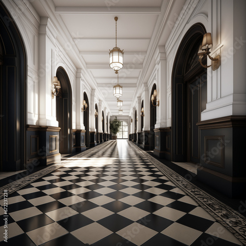 Photo shot in Detail shot, classical hotel hallway, 3d render. AI generated.