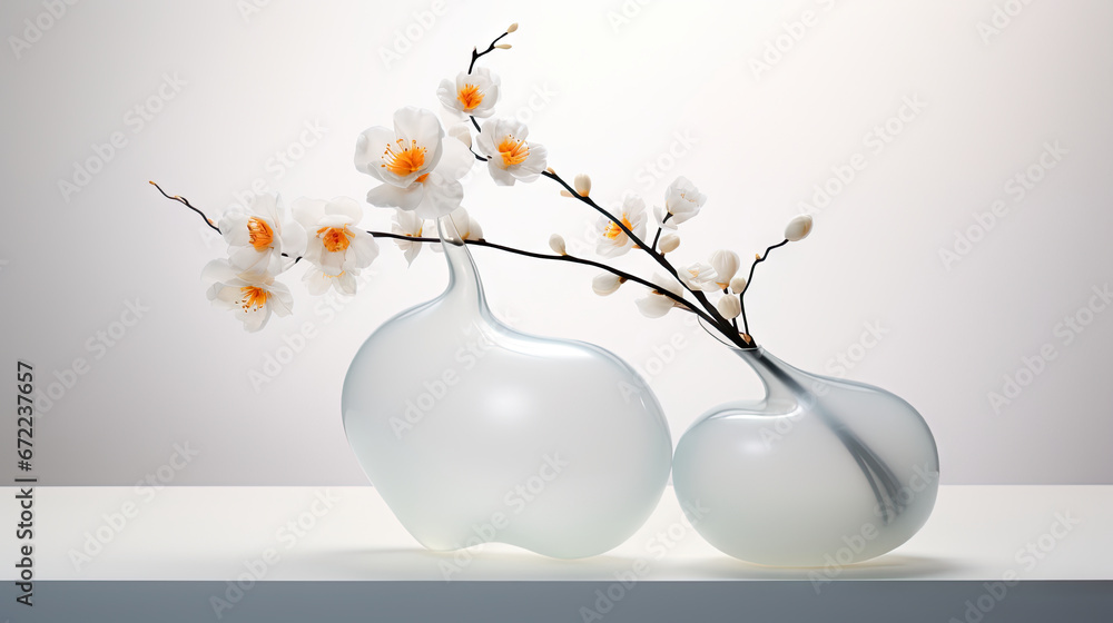 two white vases with flowers in them on a table.  generative ai