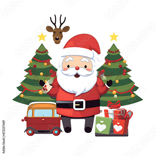 Santa Claus with gifts and cartoon decorations. on Christmas and New Year gift concept. © katobonsai