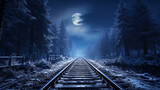 night view of railway track in winter forest