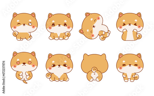Collection of Vector Cartoon Shiba Inu Puppy Art. Set of Kawaii Isolated Baby Dog Illustrations for Prints for Clothes, Stickers, Baby Shower, Coloring Pages