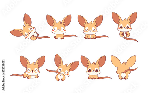 Collection of Vector Cartoon Baby Kangaroo Art. Set of Kawaii Isolated Baby Marsupial Animal Illustrations for Prints for Clothes, Stickers, Baby Shower, Coloring Pages