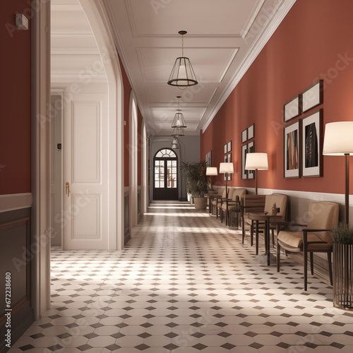 Photo shot in Detail shot, scandinavian hotel hallway, 3d render. AI generated. © DayDay Studio