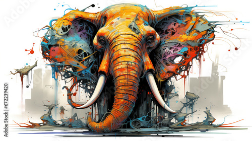  an orange elephant with artistic paint splatters on it's face. generative ai