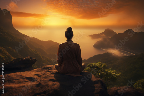 The portrait of the woman meditates in a yoga pose, sitting on the rock at the sunset time shot from behind. Generative AI. © Surachetsh