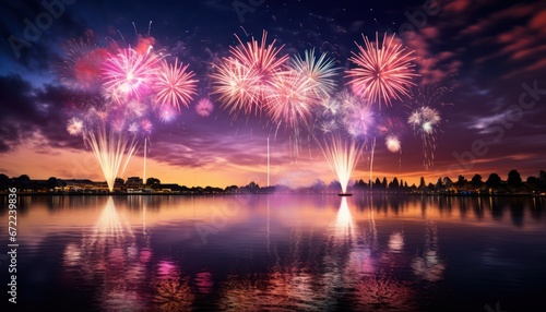 Photo of Dazzling Fireworks Illuminate the Night Sky Above a Serene Lake