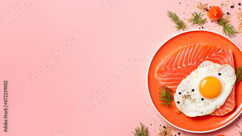  a plate of salmon and an egg on a pink background. generative ai