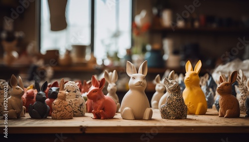 Photo of a Charming Display of Miniature Bunny Figurines on a Rustic Wooden Table © Anna