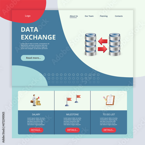 Data exchange flat landing page website template. Salary, milestone, to do list. Web banner with header, content and footer. Vector illustration.