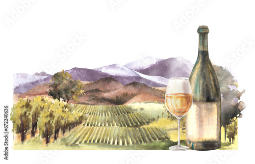 Fototapeta Naklejka Na Ścianę i Meble -  Watercolor wine label Bottle and glass of wine in front of vineyards rural landscape with grape fields, trees, hills and mountains Winemaking farm. Hand draw illustration isolated on white background 