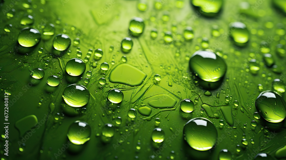 a close up of water droplets on a green surface with a black background.  generative ai