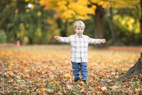 Cute little boy playing with maple leaves outdoors. Happy child walking in autumn park. Toddler baby boy wears trendy jacket . smiling Blonde boy portrait