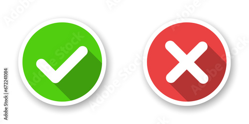 Flat icons with checkmark and cross. Vector elements of green and red colors with long shadow on white background.