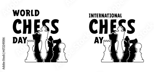 International or world chess day. Chess pieces tower horse bishop, king queen Chess Board Setup Vector icon or symbol pieces Flat style the starting positions figures pieces. Square checker board.