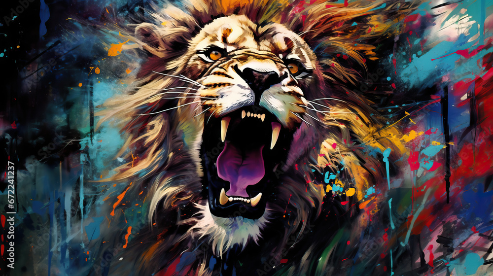 a painting of a lion with its mouth open and it's mouth wide open. generative ai a painting of a lion with its mouth open and it's mouth wide open. generative ai