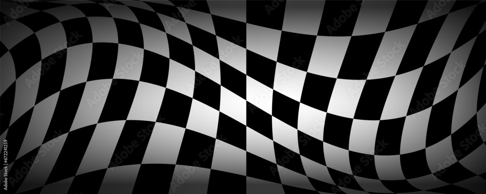 Race flag or chess board. Motorsport and autosport. Racing flags. Vector sport wave banner. Sport waves symbol. Checkered flag, checkerboard for texture. Squares, raster pattern. Championship sign.  - obrazy, fototapety, plakaty 