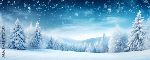 Calm blue sky over winter landscape and falling snow. Postproducted generative AI illustration.	