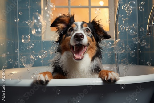 A cute little puppy dog taking a bubble bath in the bathtub