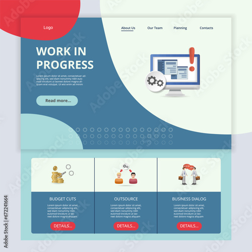 Work in progress flat landing page website template. Budget cuts, outsource, business dialog. Web banner with header, content and footer. Vector illustration.