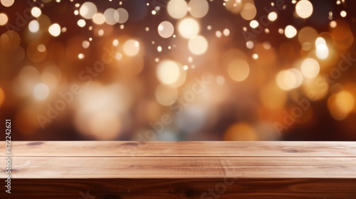 Empty wooden board on bokeh light background.