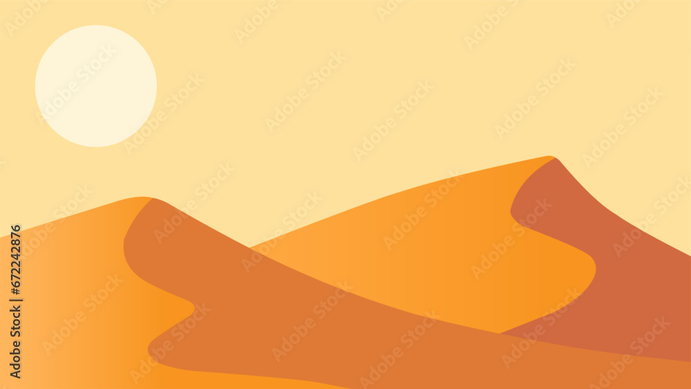 Desert landscape vector illustration. Sand desert landscape with heat sun and dune. Subtropical desert landscape for background, wallpaper or landing page