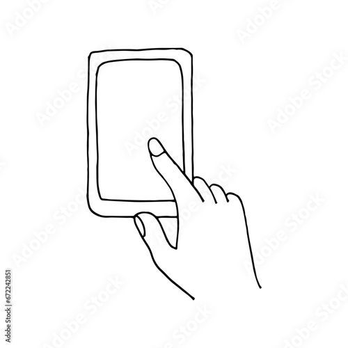 Mobile phone and thumb pressing on the screen. Communication means. Doodle. Vector illustration. Hand drawn. Outline.
