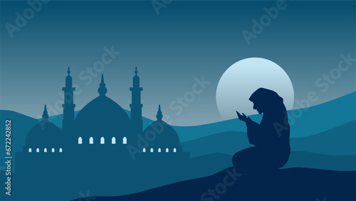 Mosque landscape with praying muslim silhouette vector illustration. Landscape ramadan design graphic in muslim culture and islam religion. Background of mosque at night for Islamic wallpaper design