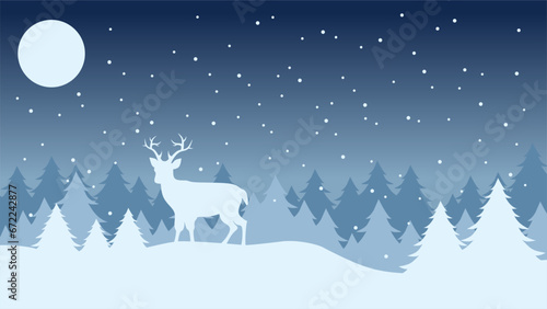 Winter at night landscape vector illustration. Winter background with reindeer and pine forest in the snow hill. Silhouette of cold season landscape for background or wallpaper