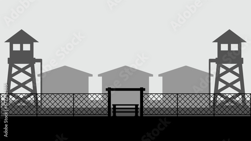 Military base landscape vector illustration. Silhouette of military base gate with watchtower and barracks. Military landscape for background, wallpaper or landing page