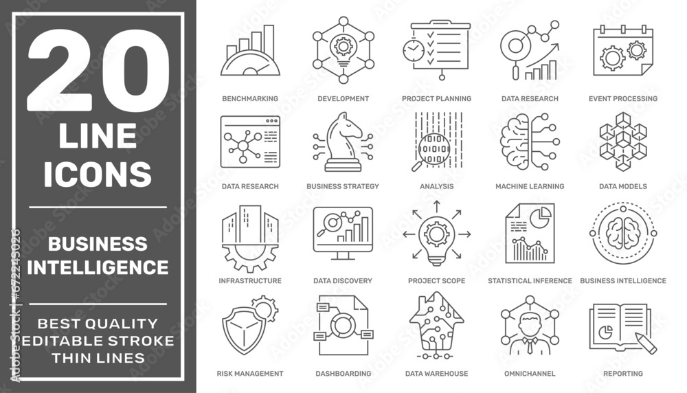 Naklejka premium Set of business Intelligence icons, such as machine learning, data modeling, visualization, risk management and more. Editable stroke. EPS 10