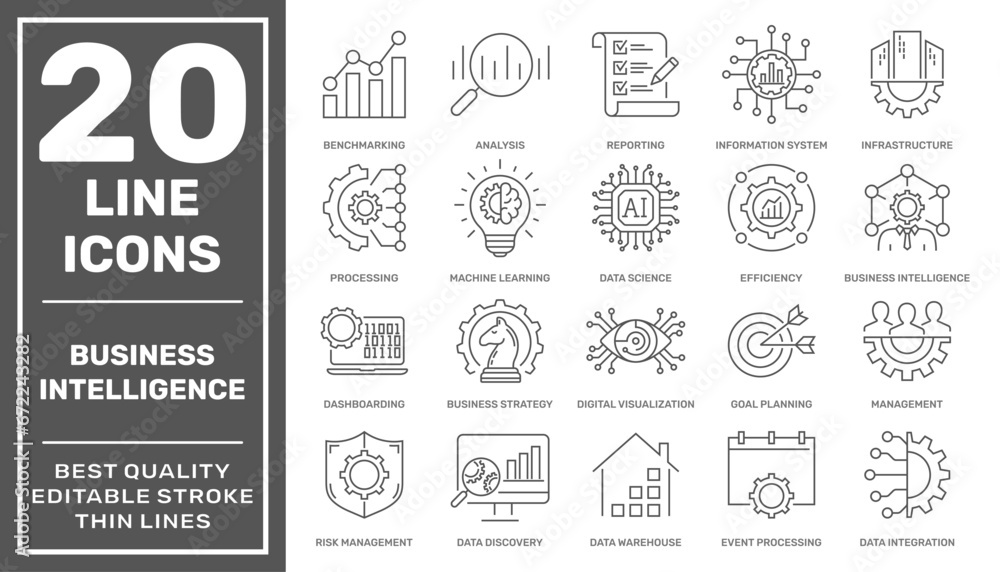 Business Intelligence icons set. Business intelligence tools such as strategy, deep learning, ai, analysis and etc. Editable Stroke - obrazy, fototapety, plakaty 