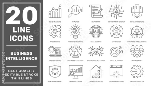 Business Intelligence icons set. Business intelligence tools such as strategy, deep learning, ai, analysis and etc. Editable Stroke