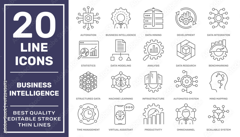 Set of 20 modern line icons related to strategy, management, system, business intelligence. Simple mono line pictograms and infographics design symbols. Editable Stroke