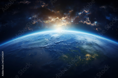 Frame a shot of the sunlit Earth as seen from space, symbolizing the interconnectedness and unity of all nations and peoples on our planet.