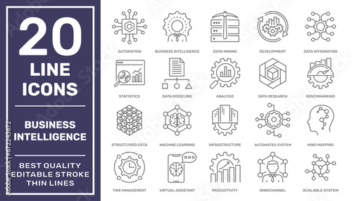 Set of 20 modern line icons related to strategy, management, system, business intelligence. Simple mono line pictograms and infographics design symbols. Editable Stroke photo