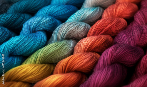 closed up skeins of colorful yarns fibers