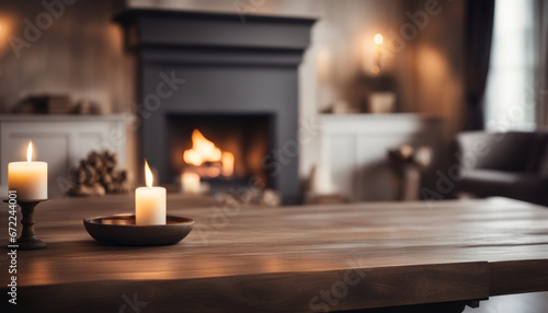 Luxurious Home Interior with Rustic Tabletop and Blurred Fireplace photo