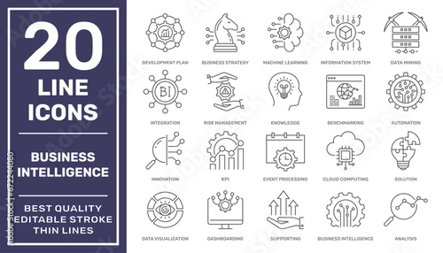 Set of 20 modern line icons related to strategy, management, system, business intelligence. Simple mono line pictograms and infographics design symbols. Editable Stroke