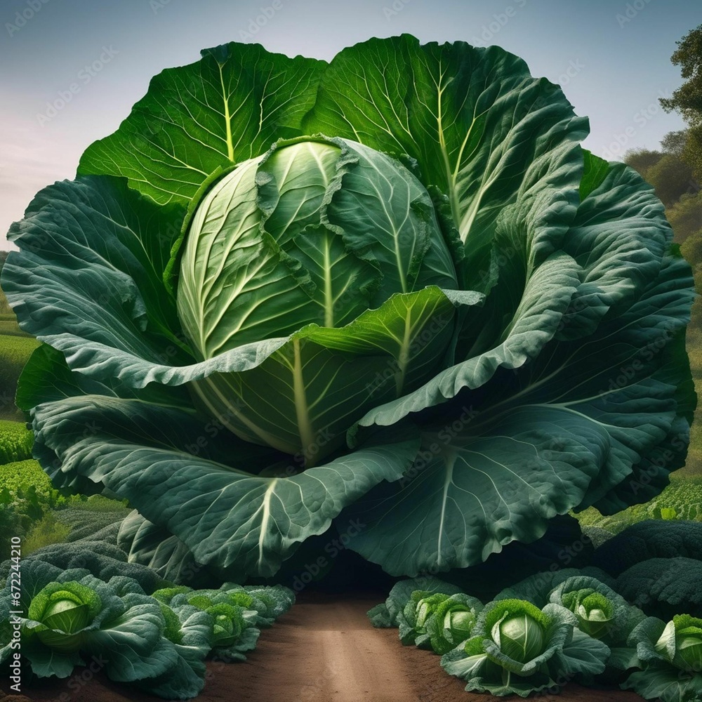 AI generated illustration of of a large cabbage, in a field AI generated illustration of of a large cabbage, in a field