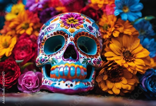 AI generated illustration of a vibrant skull against a backdrop of beautiful blooming flowers