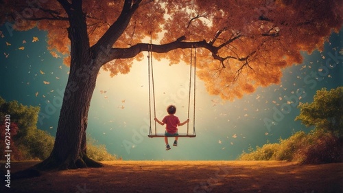 AI generated illustration of a boy enjoying a swing ride in a tree with bright yellow leaves